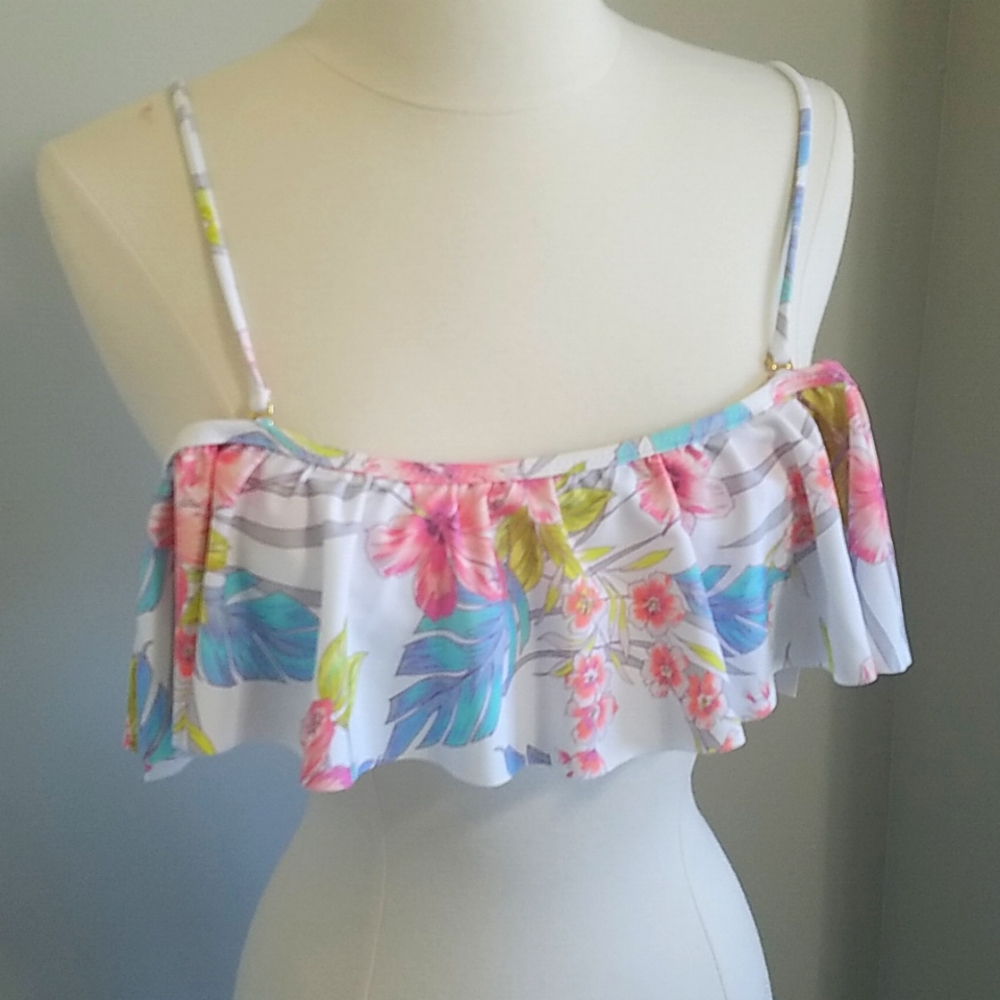 Raisins Mermaid Flounce Swim Bikini Top sz M NEW tropical print